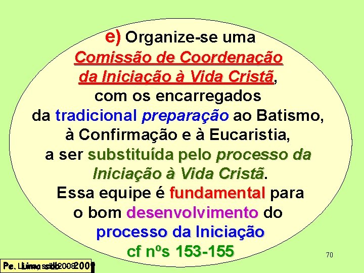 e) Organize-se uma Comissão de Coordenação da Iniciação à Vida Cristã, Cristã com os