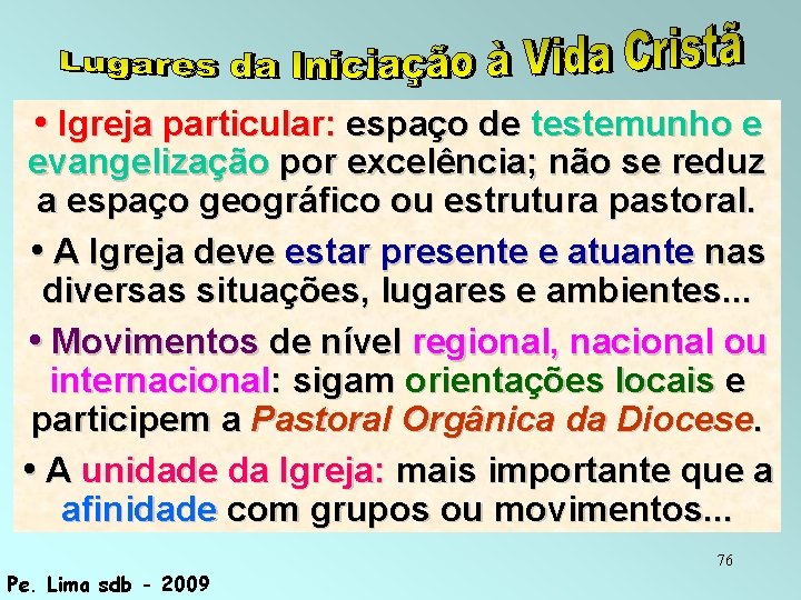  • Igreja particular: espaço de testemunho e evangelização por excelência; não se reduz