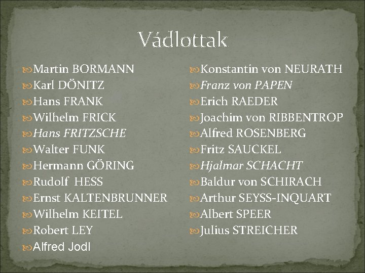 Vádlottak Martin BORMANN Konstantin von NEURATH Karl DÖNITZ Franz von PAPEN Hans FRANK Erich