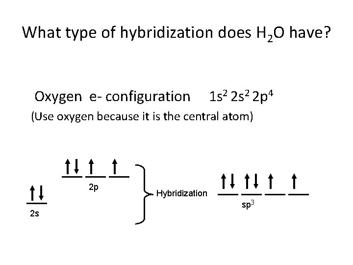 What type of hybridization does H 2 O have? Oxygen e- configuration 1 s