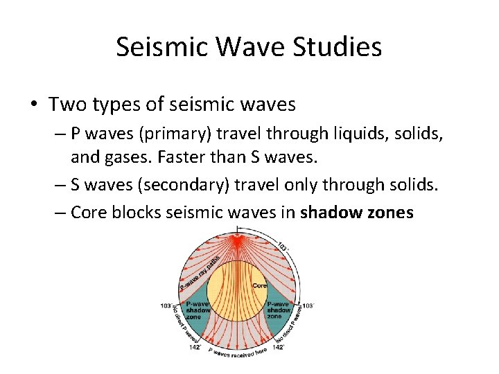 Seismic Wave Studies • Two types of seismic waves – P waves (primary) travel