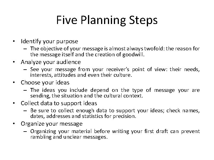 Five Planning Steps • Identify your purpose – The objective of your message is