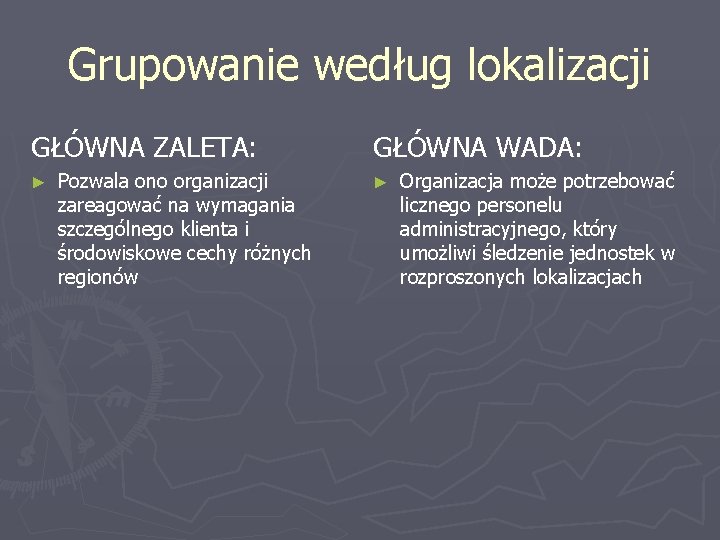 Grupowanie według lokalizacji GŁÓWNA ZALETA: ► Pozwala ono organizacji zareagować na wymagania szczególnego klienta