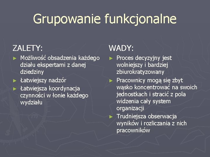 Grupowanie funkcjonalne ZALETY: WADY: Możliwość obsadzenia każdego działu ekspertami z danej dziedziny ► Łatwiejszy