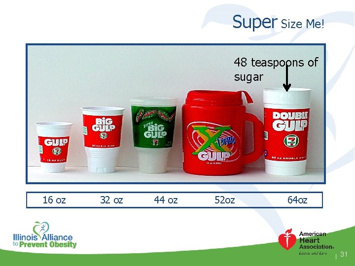 Super Size Me! 48 teaspoons of sugar 16 oz 32 oz 44 oz 52