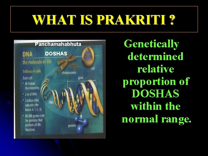 WHAT IS PRAKRITI ? Panchamahabhuta DOSHAS Genetically determined relative proportion of DOSHAS within the