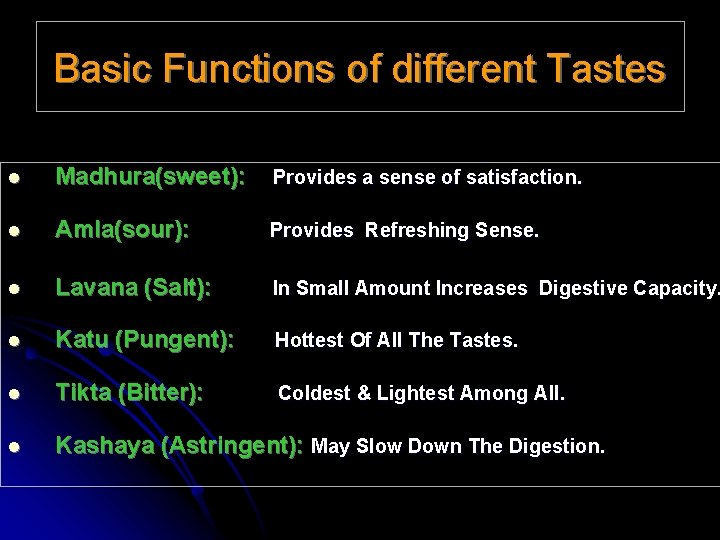 Basic Functions of different Tastes l Madhura(sweet): Provides a sense of satisfaction. l Amla(sour):