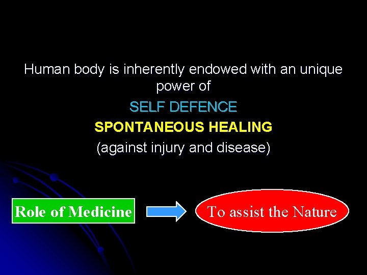 Human body is inherently endowed with an unique power of SELF DEFENCE SPONTANEOUS HEALING