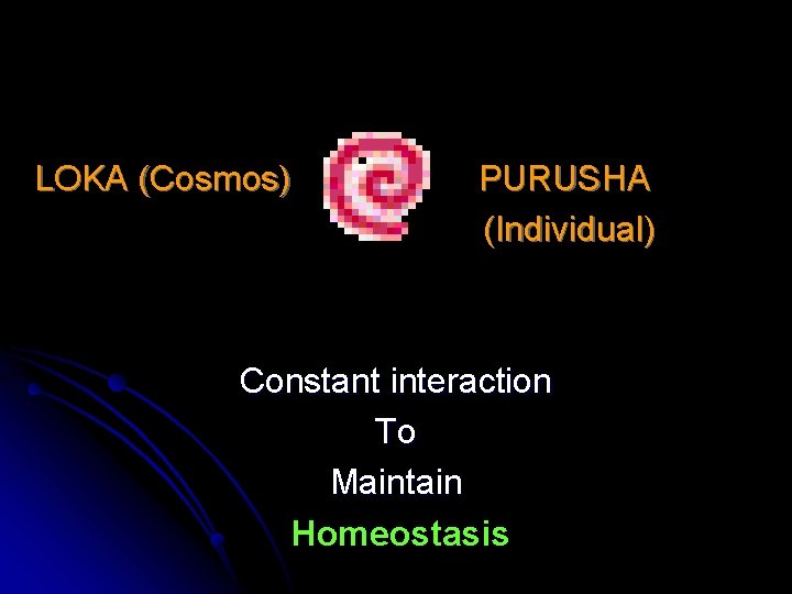 LOKA (Cosmos) PURUSHA (Individual) Constant interaction To Maintain Homeostasis 