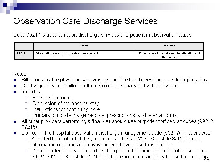 Observation Care Discharge Services Code 99217 is used to report discharge services of a Observation Care Discharge Services Code 99217 is used to report discharge services of a