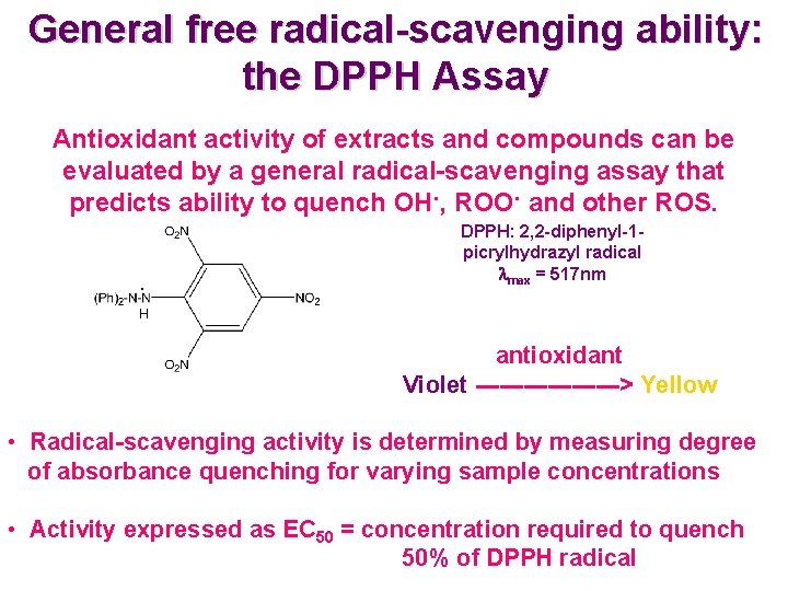General free radical-scavenging ability: the DPPH Assay Antioxidant activity of extracts and compounds can