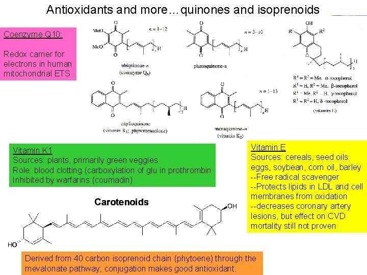 Antioxidants and more…quinones and isoprenoids Coenzyme Q 10: Redox carrier for electrons in human