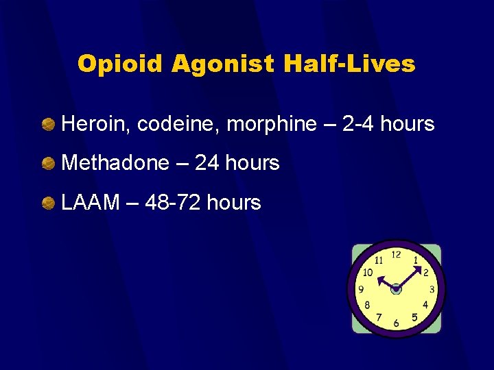 Opioid Agonist Half-Lives Heroin, codeine, morphine – 2 -4 hours Methadone – 24 hours