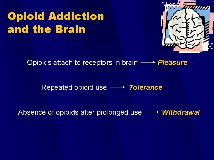 Opioid Addiction and the Brain Opioids attach to receptors in brain Pleasure Repeated opioid