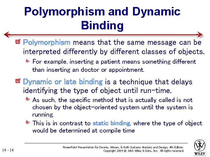 Polymorphism and Dynamic Binding Polymorphism means that the same message can be interpreted differently