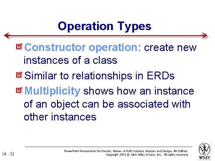 Operation Types Constructor operation: create new instances of a class Similar to relationships in