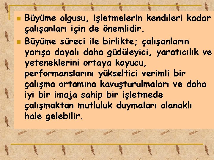 n n Büyüme olgusu, işletmelerin kendileri kadar çalışanları için de önemlidir. Büyüme süreci ile