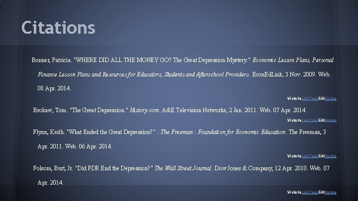 Citations Bonner, Patricia. "WHERE DID ALL THE MONEY GO? The Great Depression Mystery. "