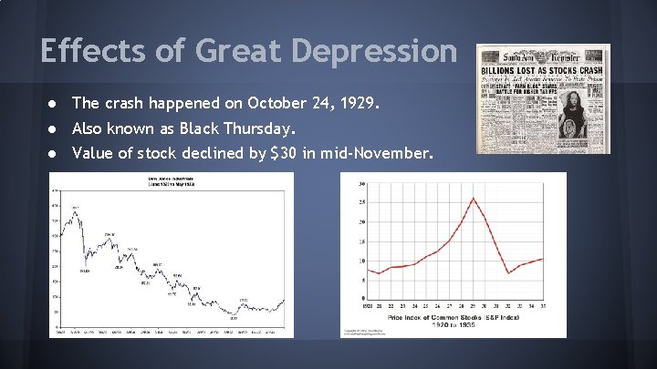 Effects of Great Depression ● The crash happened on October 24, 1929. ● Also