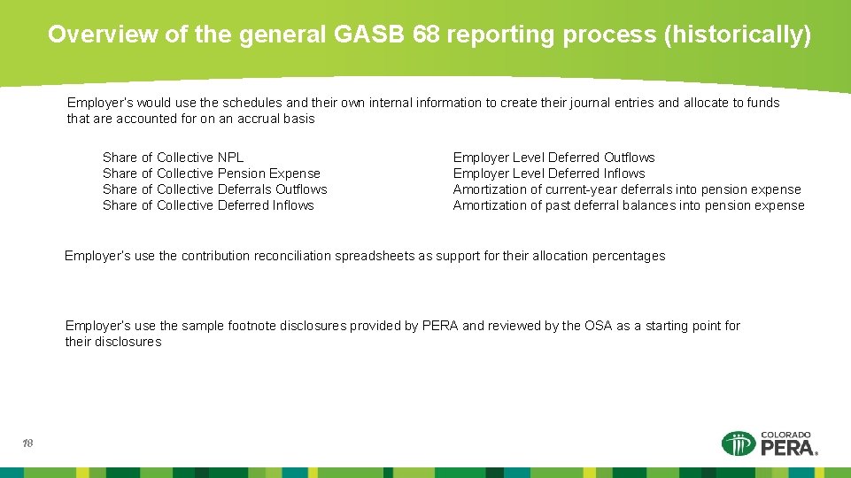Overview of the general GASB 68 reporting process (historically) Employer’s would use the schedules