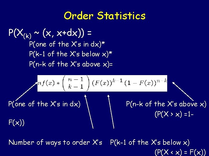 Order Statistics P(X(k) ~ (x, x+dx)) = P(one of the X’s in dx)* P(k-1