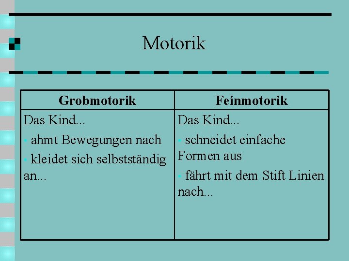 Motorik Grobmotorik Feinmotorik Das Kind. . . • ahmt Bewegungen nach • schneidet einfache