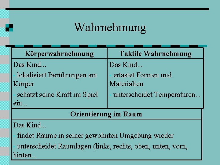 Wahrnehmung Körperwahrnehmung Taktile Wahrnehmung Das Kind. . . • lokalisiert Berührungen am • ertastet
