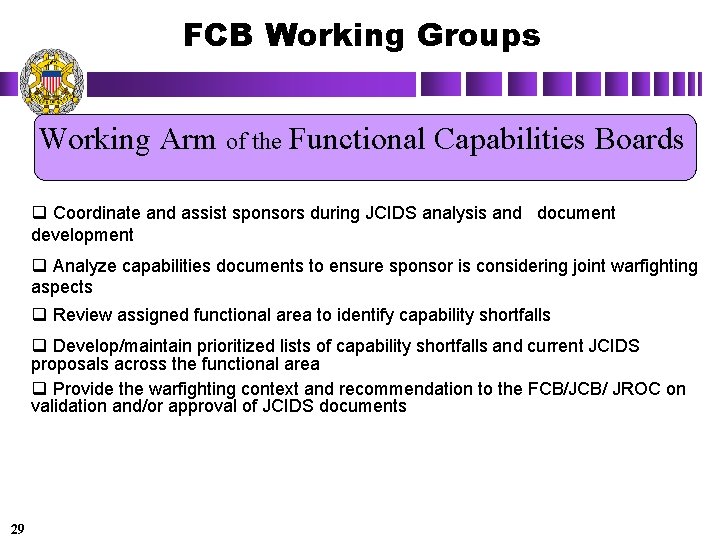 FCB Working Groups Working Arm of the Functional Capabilities Boards q Coordinate and assist
