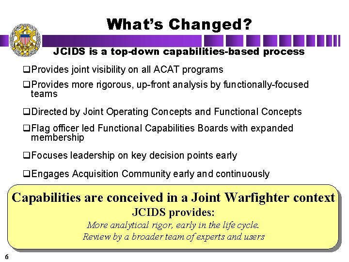 What’s Changed? JCIDS is a top-down capabilities-based process q. Provides joint visibility on all