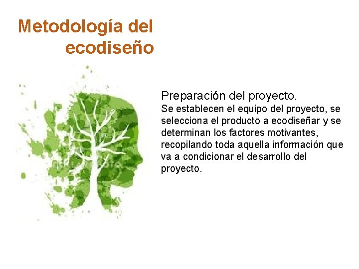 Metodología del ecodiseño Preparación del proyecto. Se establecen el equipo del proyecto, se selecciona