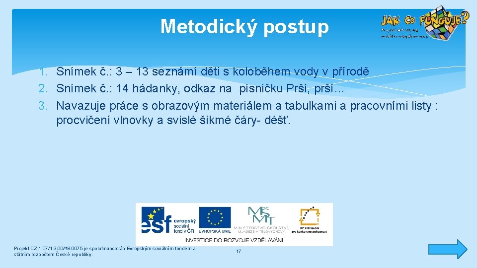 Metodický postup 1. Snímek č. : 3 – 13 seznámí děti s koloběhem vody