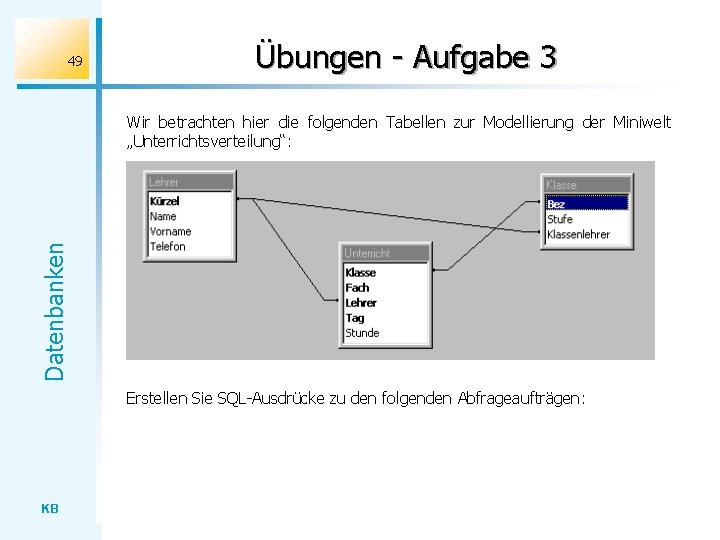 49 Übungen - Aufgabe 3 Datenbanken Wir betrachten hier die folgenden Tabellen zur Modellierung