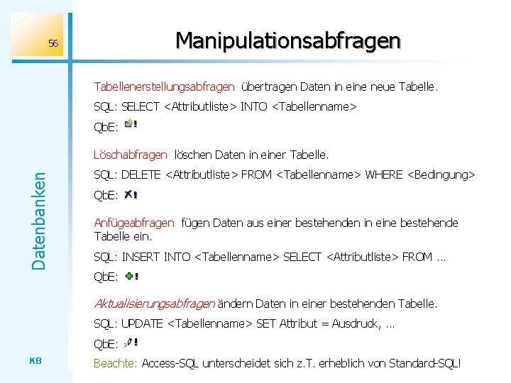 Manipulationsabfragen 56 Tabellenerstellungsabfragen übertragen Daten in eine neue Tabelle. SQL: SELECT <Attributliste> INTO <Tabellenname>