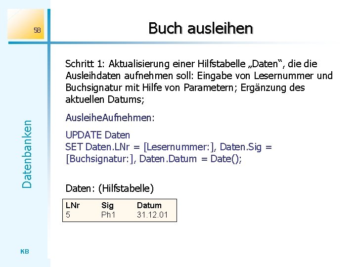 Buch ausleihen 58 Datenbanken Schritt 1: Aktualisierung einer Hilfstabelle „Daten“, die Ausleihdaten aufnehmen soll: