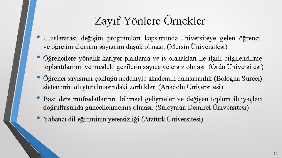 Zayıf Yönlere Örnekler • Uluslararası değişim programları kapsamında Üniversiteye gelen öğrenci ve öğretim elemanı