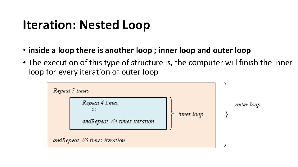 Iteration: Nested Loop • inside a loop there is another loop ; inner loop