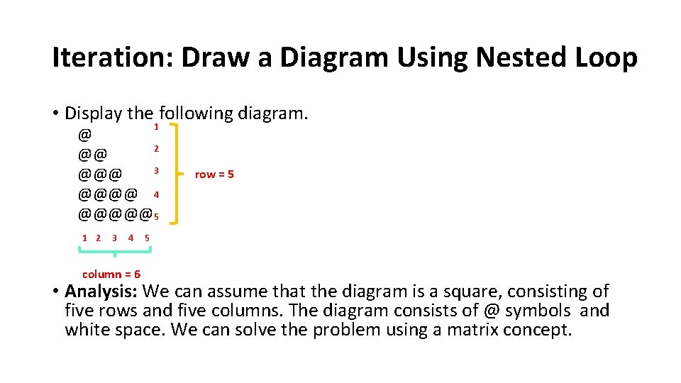 Iteration: Draw a Diagram Using Nested Loop • Display the following diagram. 1 @