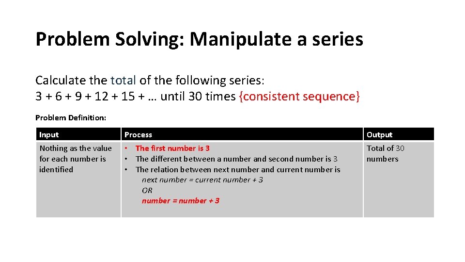 Problem Solving: Manipulate a series Calculate the total of the following series: 3 +