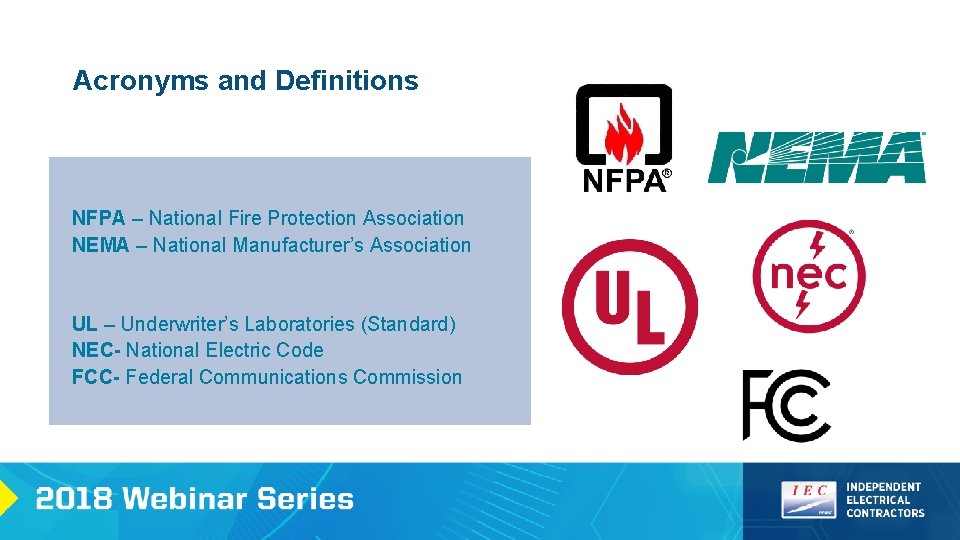Acronyms and Definitions NFPA – National Fire Protection Association NEMA – National Manufacturer’s Association