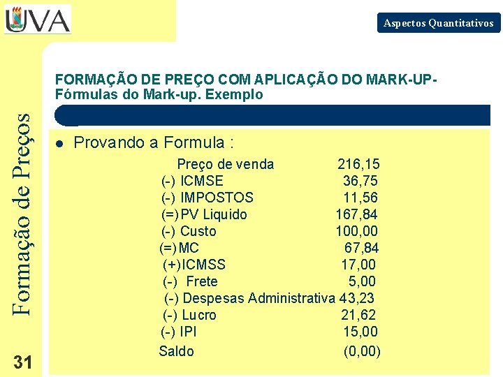 Aspectos Quantitativos Formação de Preços FORMAÇÃO DE PREÇO COM APLICAÇÃO DO MARK-UPFórmulas do Mark-up.