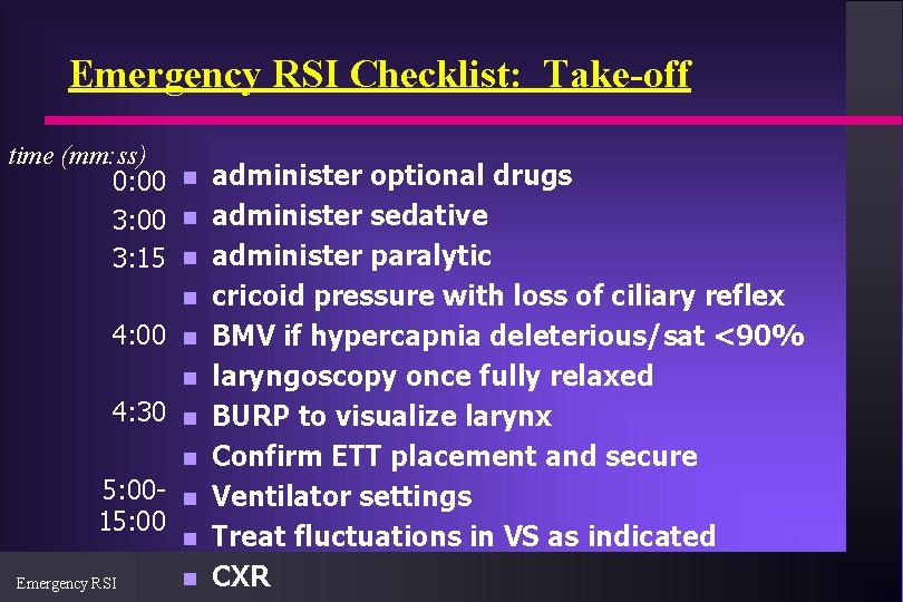 Emergency RSI Checklist: Take-off time (mm: ss) 0: 00 n administer optional drugs 3: