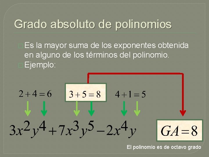 Grado absoluto de polinomios � Es la mayor suma de los exponentes obtenida en