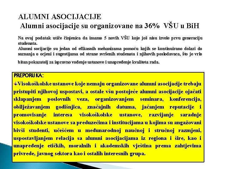 ALUMNI ASOCIJACIJE Alumni asocijacije su organizovane na 36% VŠU u Bi. H Na ovaj