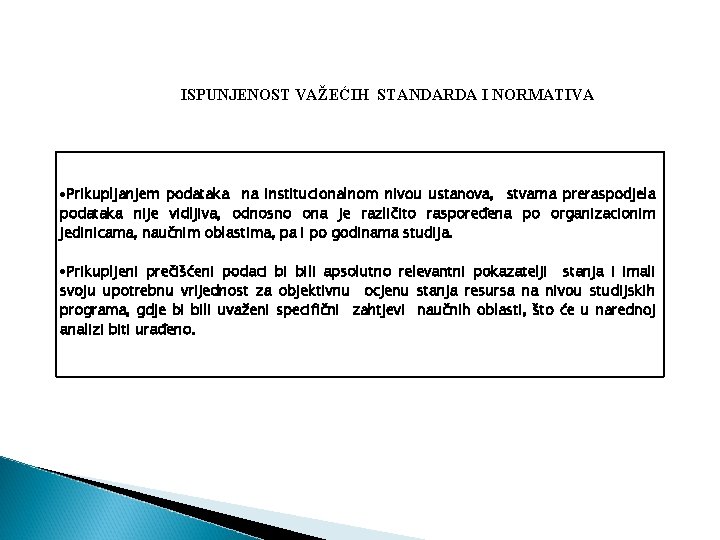 ISPUNJENOST VAŽEĆIH STANDARDA I NORMATIVA Prikupljanjem podataka na institucionalnom nivou ustanova, stvarna preraspodjela podataka