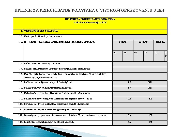 UPITNIK ZA PRIKUPLJANJE PODATAKA U VISOKOM OBRAZOVANJU U Bi. H UPITNIK ZA PRIKUPLJANJE PODATAKA