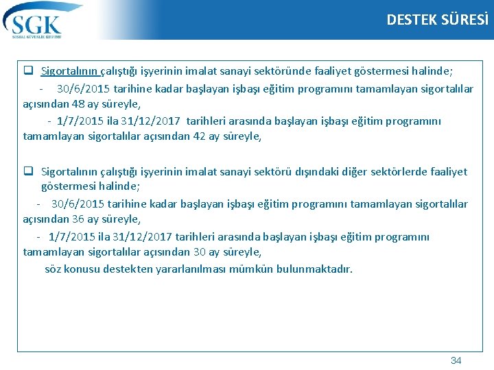 DESTEK SÜRESİ q Sigortalının çalıştığı işyerinin imalat sanayi sektöründe faaliyet göstermesi halinde; - 30/6/2015