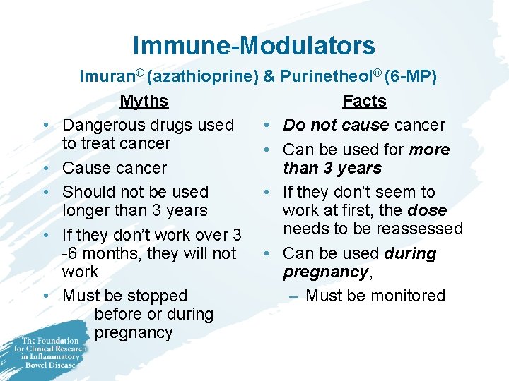 Immune-Modulators • • • Imuran® (azathioprine) & Purinetheol® (6 -MP) Myths Facts Dangerous drugs