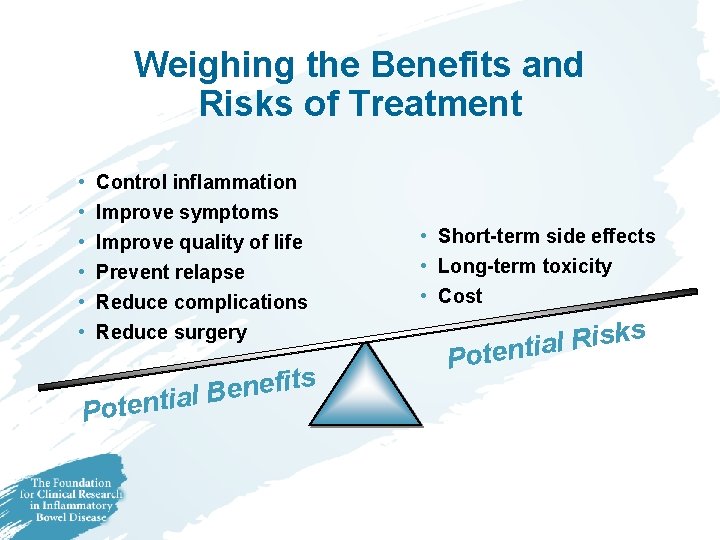 Weighing the Benefits and Risks of Treatment • • • Control inflammation Improve symptoms