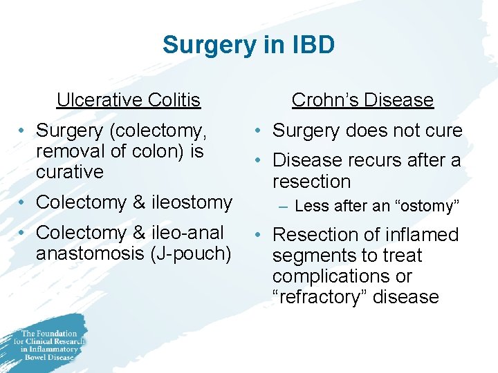 Surgery in IBD Ulcerative Colitis • Surgery (colectomy, removal of colon) is curative •