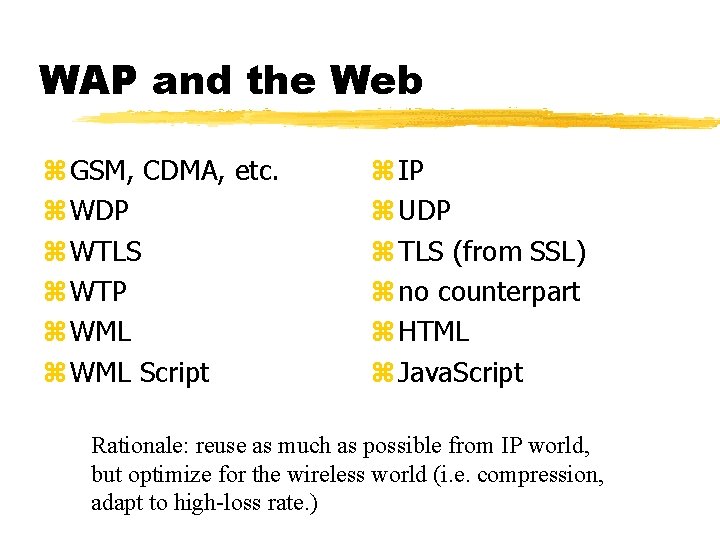 WAP and the Web z GSM, CDMA, etc. z WDP z WTLS z WTP